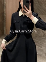 Winter Black Hepburn Midi Dress Women Elegant Slim Long Sleeve Button Dress French Casual Evening Party Vintage Chic Y2k Dress