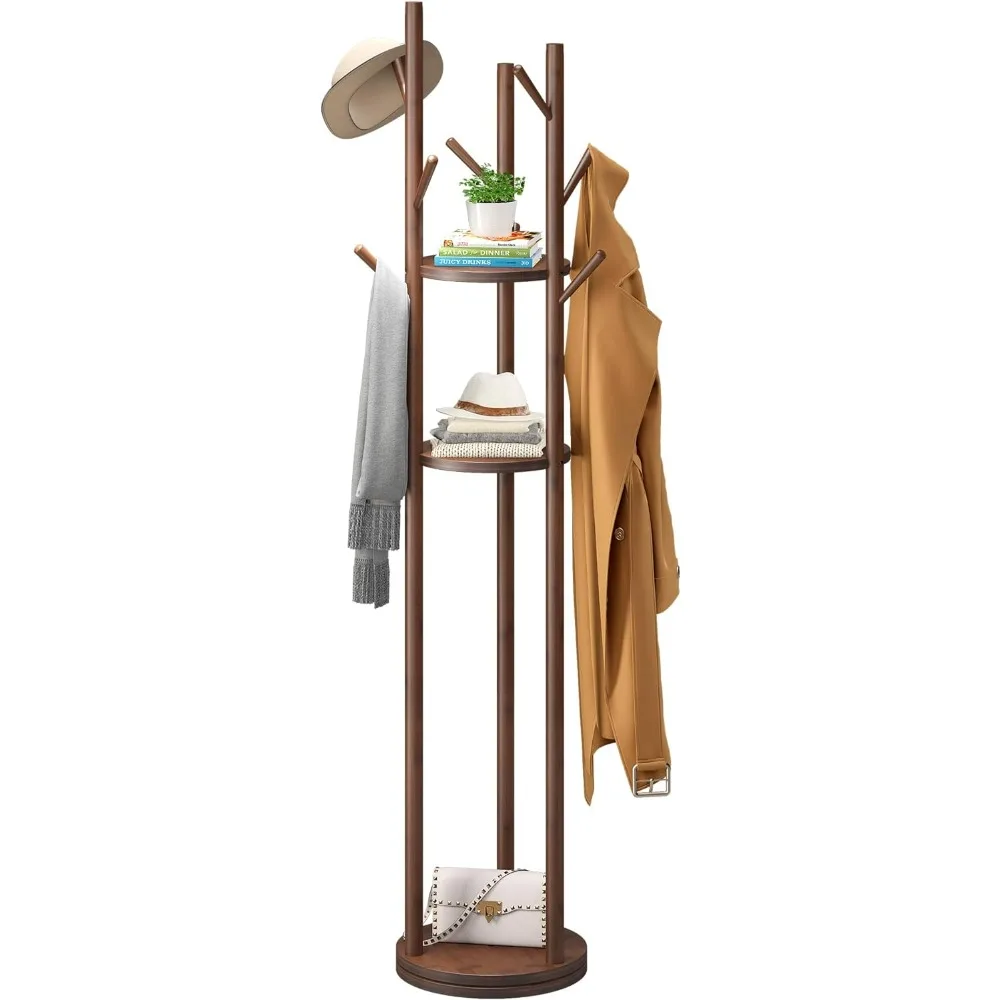 

Rotary Freestanding Coat Tree Rack with 9 Hooks 3 Storage Shelves, Easy Assembly, Standing Coat Rack for Hallway Entryway, Brown