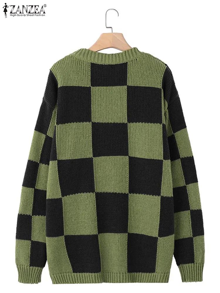 ZANZEA Women Pullovers Sweaters 2025 Autumn Winter Knitted Casual Jumpers Oversized Plaid Loose Long Sleeve Top Fashion Sweater