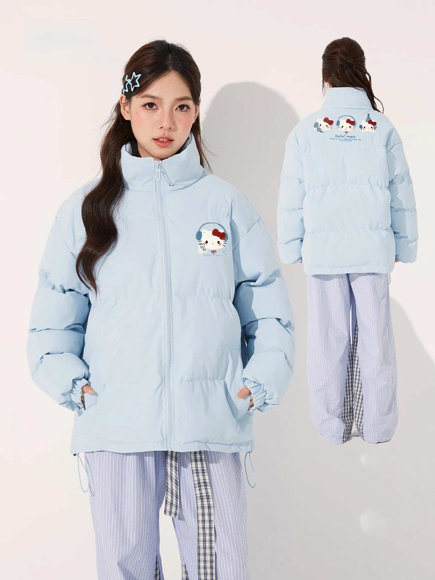 

Winter Thiened Cotton Jaet Women's Casual Commute Loose Fit Printed Stand Collar Kit Cartoon Korean Sle Coat