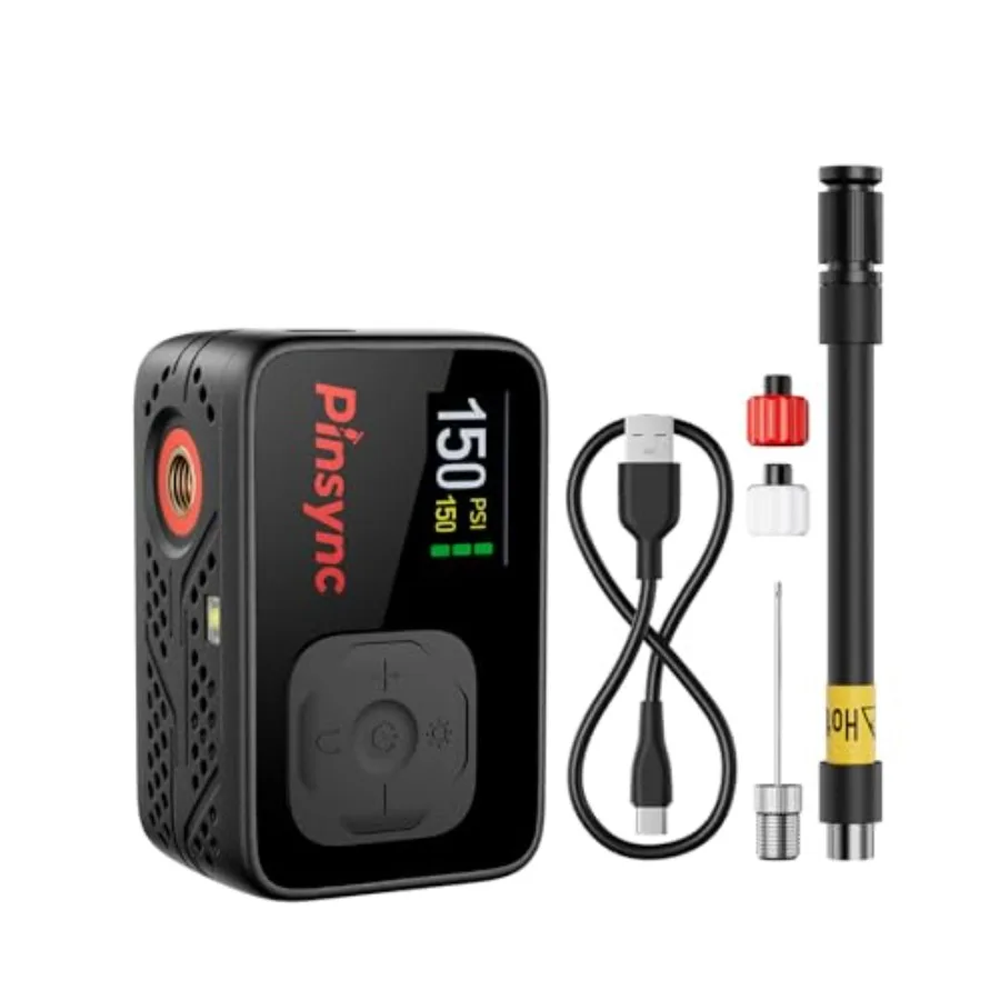

Mini Electric Bike Pump, 17S Fast Inflate 150PSI Portable Tire Pump with Digital Auto Stop, Presta and Schrader Valve Compatibl