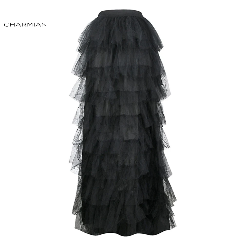 Charmian-falda de tul Alto y Bajo para mujer, falda negra Retro multicapa de gasa elástica de cintura alta para baile, enagua para fiesta, disfraz
