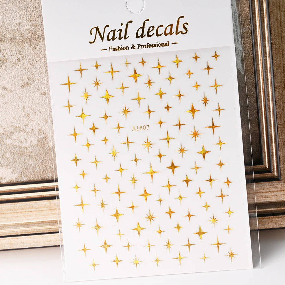 3D Gold Silver Star Y2K Nail Art Sticker Bronzing Laser Sparkle Star Nail Decal Self-Adhesive Metal Gold/Silver Star Slider