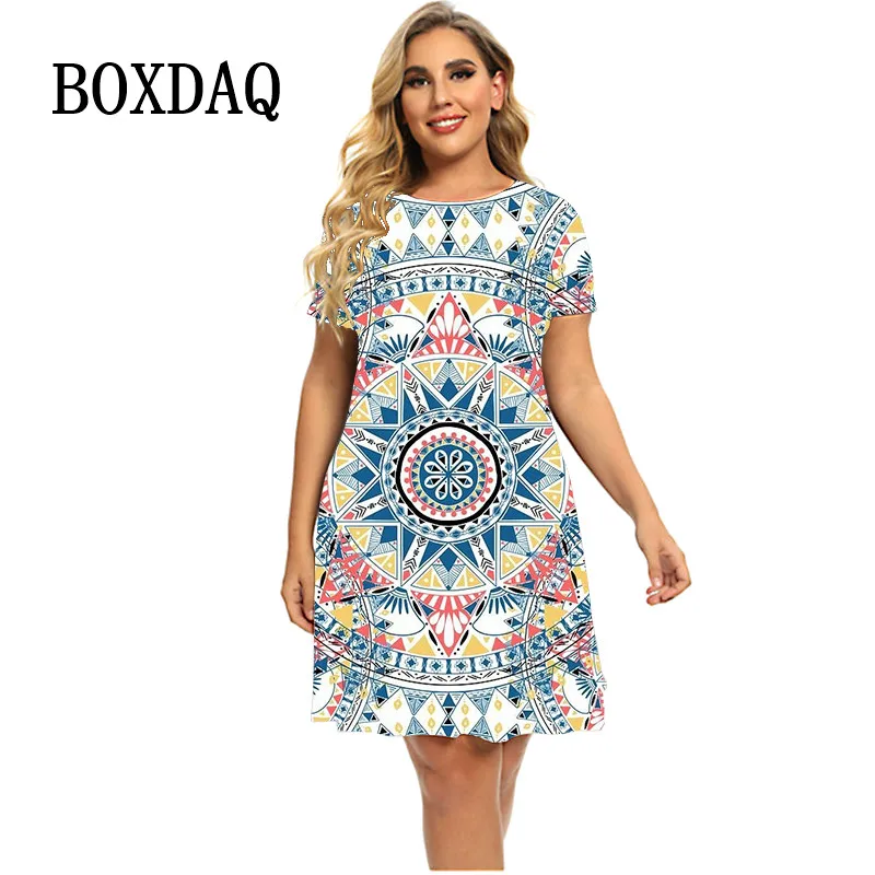 

Ethnic Style Vintage Dress 2024 Ladies Summer Clothes Short Sleeve O-Neck Loose Casual Retro Dresses Women Geometry Print Dress