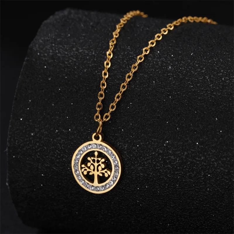 Trendy Edelstahl Strass Baum des Lebens Anhänger Halskette Für Frauen Charme Sommer Schlüsselbein Kette Schmuck Colgantes Cadena – Detail 15