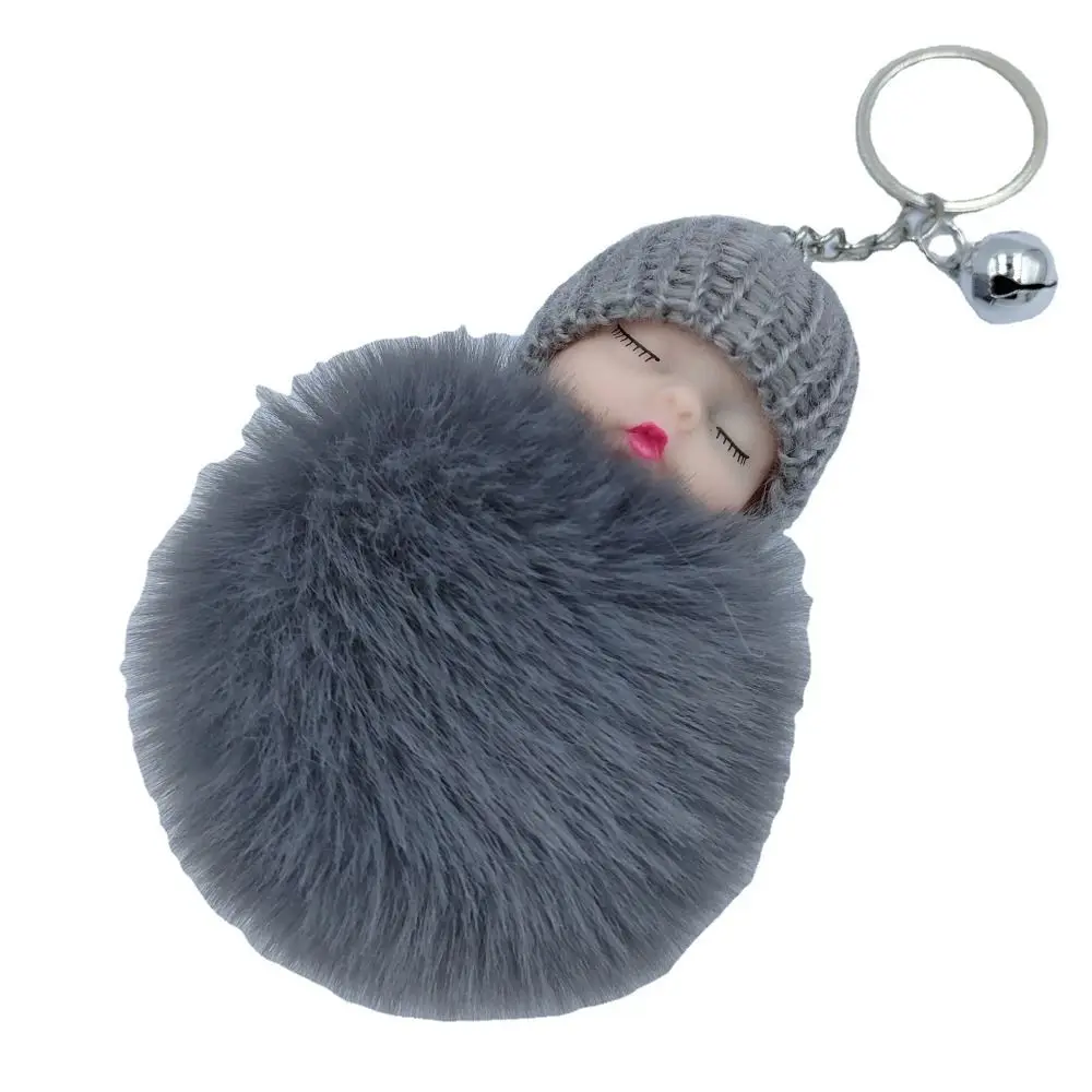 3PCS New Plush Sleeping Baby Key Ring 10 Colors Doll Pompom Key Buckle Faux Rabbit Fur Keyrings Women