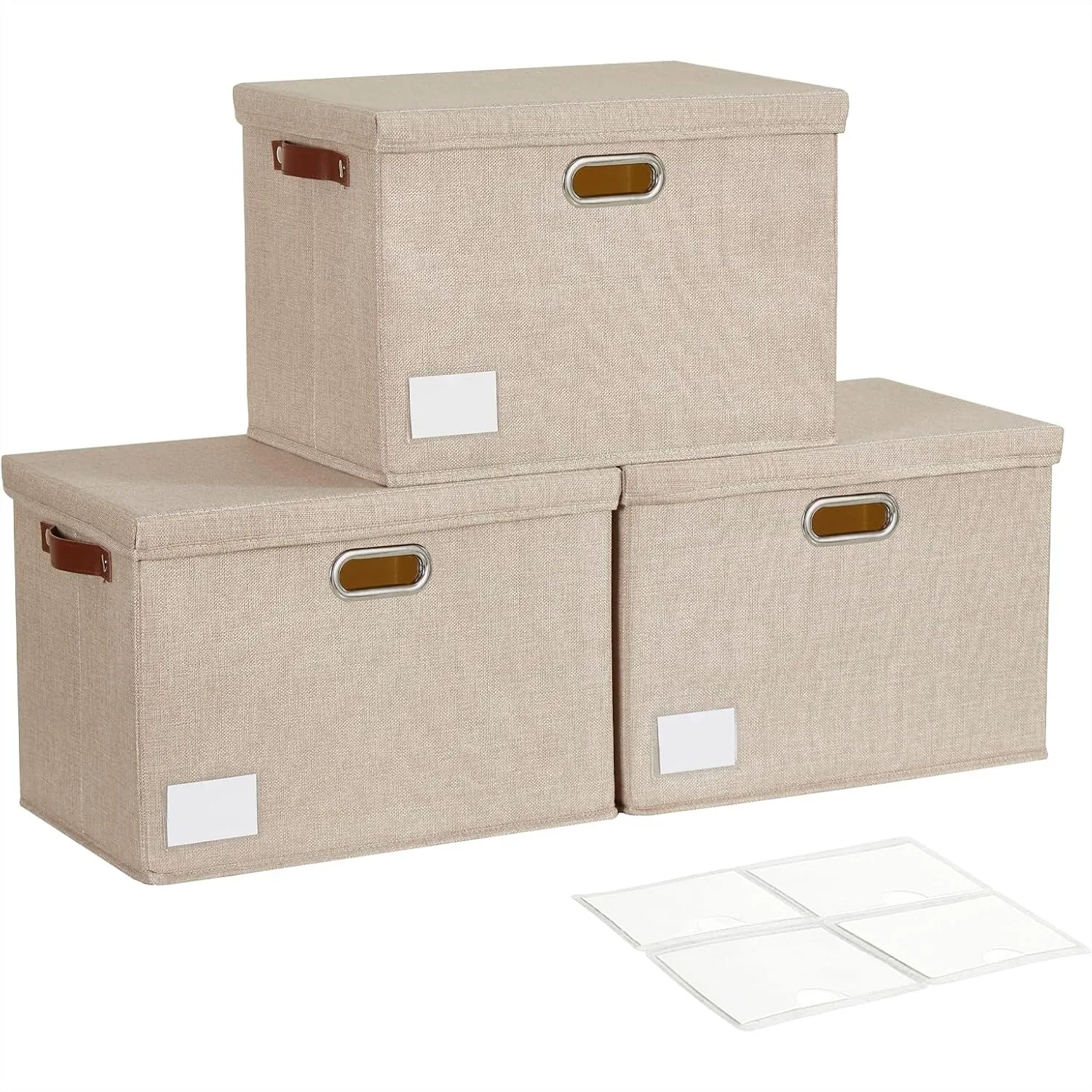 

17" Large Collapsible Storage Bins with Lids, Stackable Closet Organizers with PU Handle and Labels, 3-Pack Decorative Fabric
