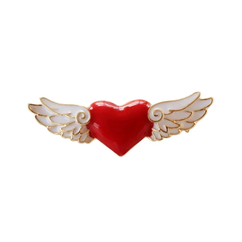 wholesale Metal Alloy Enemal Card Capter Sakura Badges White Angel Wing Red Heart Pin Brooches For Coat Clothing Women Girls