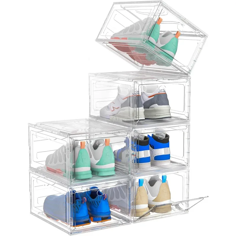 

Upgrade Harder Solid Plastic Shoe Organizer, Shoe Storage with Magnetic Front Door, Shoe Rack 6 Pack Boxes Clear