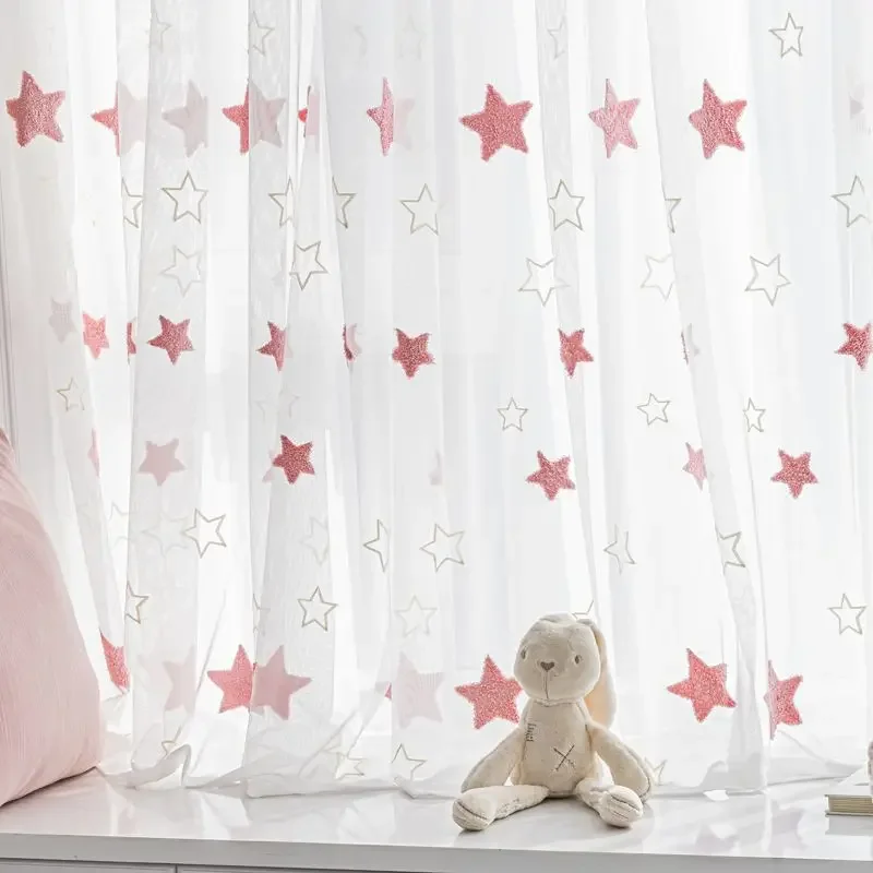 Children's Room Pink Pentagram Floating Window Curtains for Living Dining Room Bedroom New Girls Curtains Balcony Room Tulle