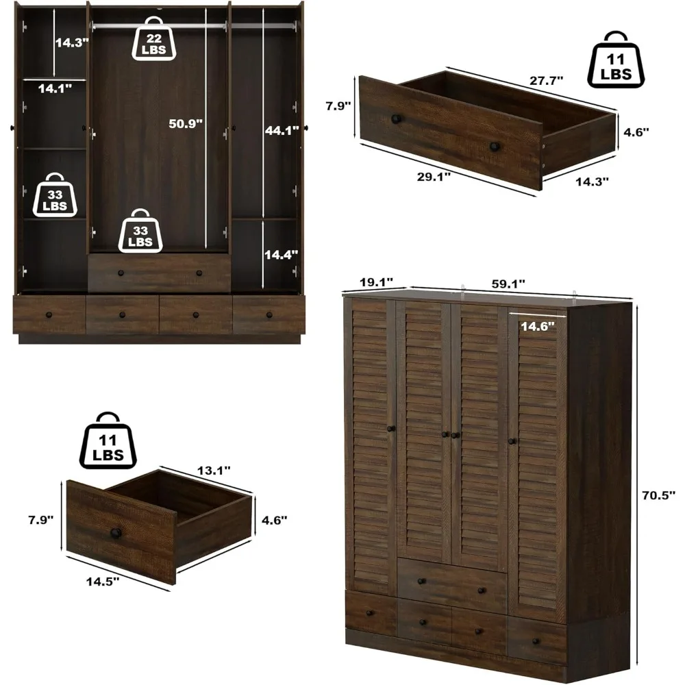 Large Wardrobe Armoire with Multi-Tier Shelves, 5 Drawers, Hanging Rod & 4 Louver Doors, Wooden Closet Storage Cabinet