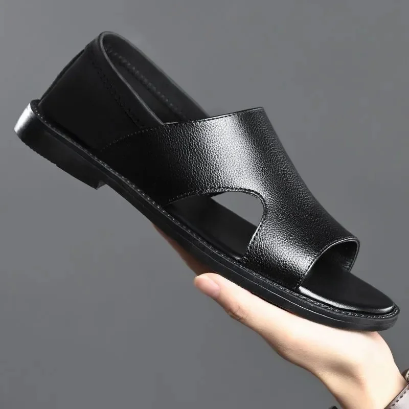 Men's Summer Leather Sandals Top Layer Cowhide Soft Bottom Beach Shoes Casual Anti-Slip Wear-Resistant Outdoor Slippers