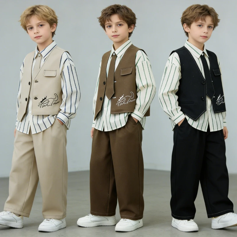 Teen Boys Embroidery Vest Suit Set School Kids Daily Formal Outfit Striped Shirt Tie Wide Leg Pants for Wedding Party Stage Show
