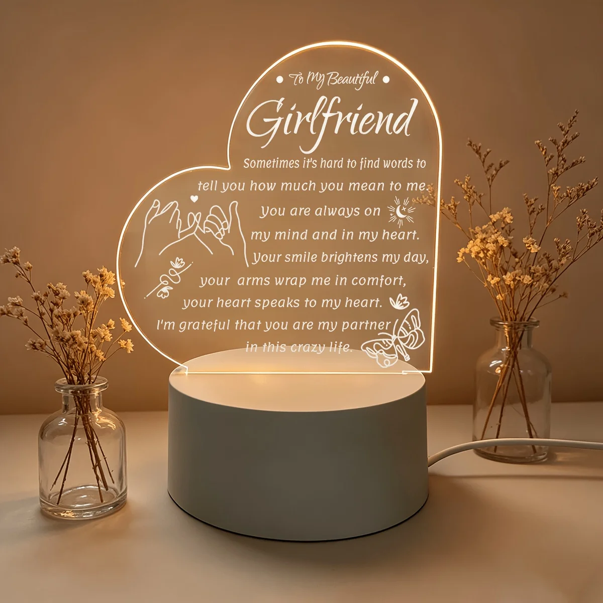 Sweet Love Message for Girlfriend Acrylic Night Lamp, USB‑Powered Bedroom Decor Present