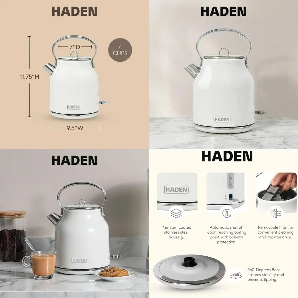 

1.7L Electric Stainless Steel Kettle with 360-Degree Base, Auto Shutoff, Ivory and Chrome
