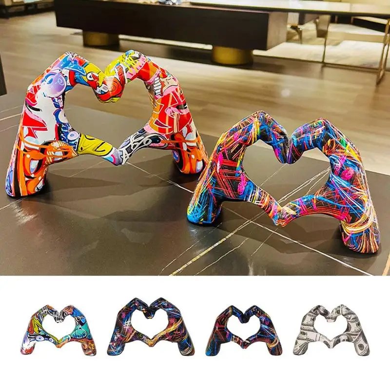 Heart Hands Sculpture Heart Shape Sculpture Ornament Colorful Graffiti Love Gesture Ornament Pop Art Figurines Home Decorations