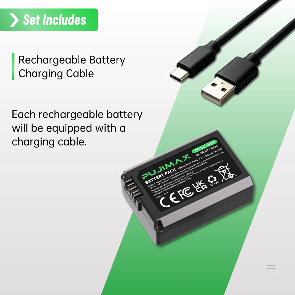 PUJIMAX 2250mAh NP-FW50 Type-C Direct Charge Camera Battery for Sony A6000 A6400 A6300 A6500 A7 A7II A7SII Lithium Battery
