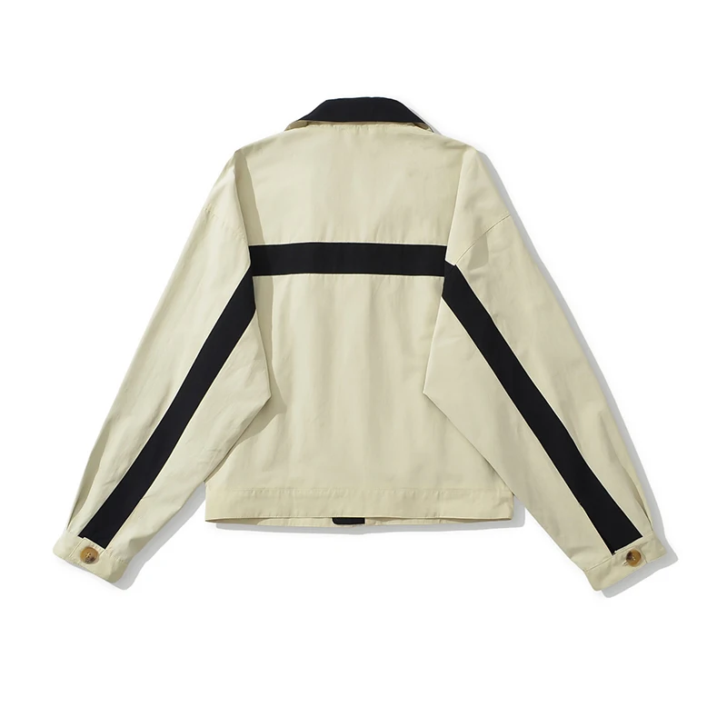 YENKYE Autumn Women's Color Block Zip Up Track Jacket Contrast Stripe Lapel Collar Loose Cropped Sport Bomber Coat