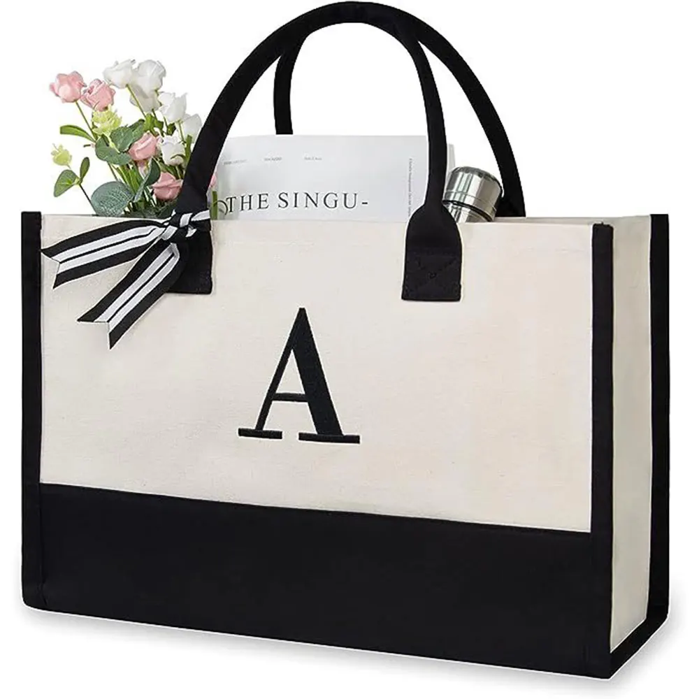 Canvas Tote Bag For Women Initial Travel Tote Bag Makeup Bag With Zipper Adjustable Strap Personalized Mothers Day Birthday Gift