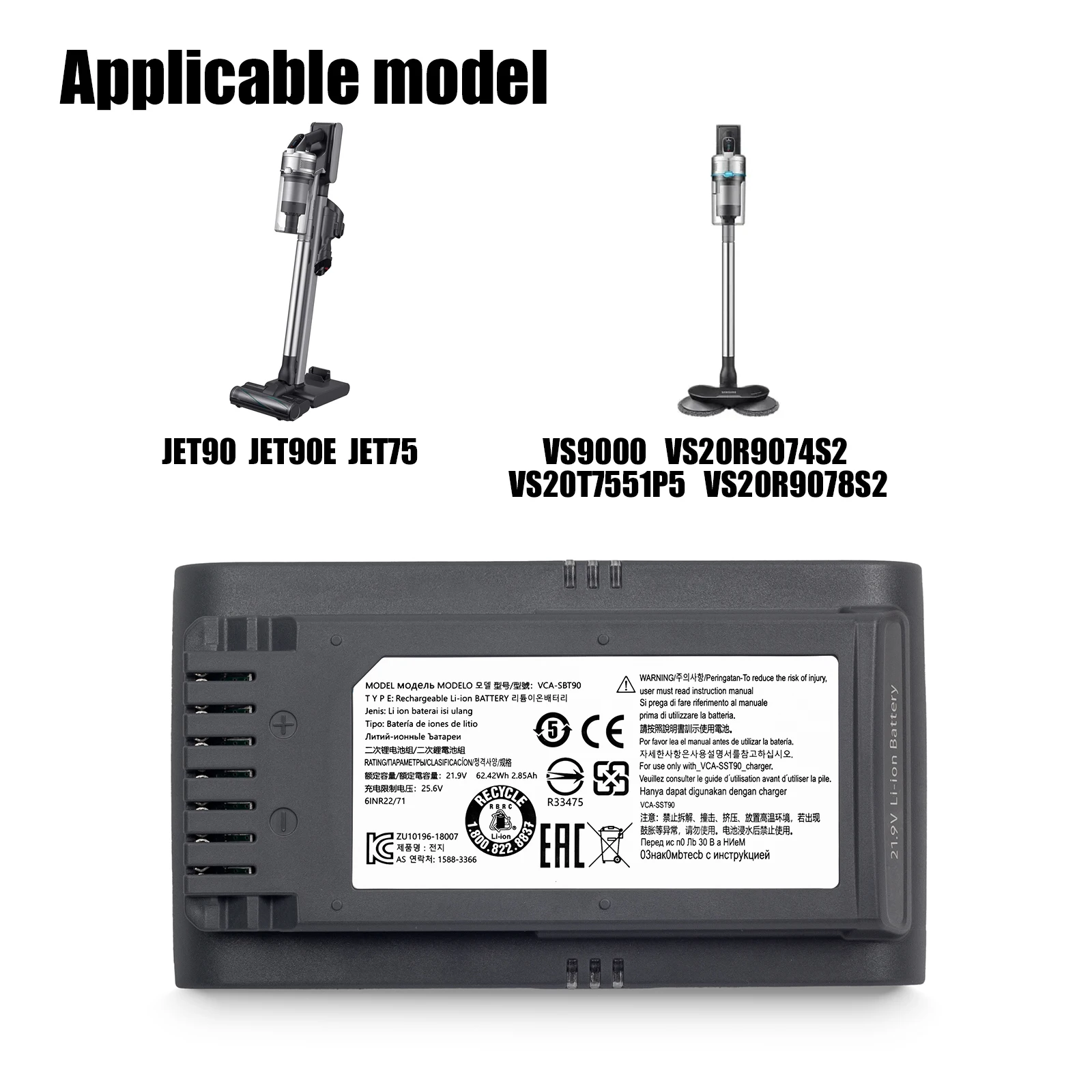 Imagem -06 - Nova Bateria Vca-sbt90 para Samsung Vs9000 Jet90 Jet75 Aspirador de pó Portátil sem Fio Bateria 100