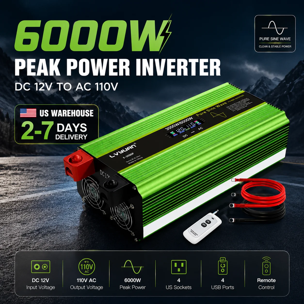 LVYUAN Pure Sine Wave Power Inverter 4000W 6000W 8000W Peak DC12V 24V to AC110V LCD Remote Control 4 USB AC Sockets Car RV Truck