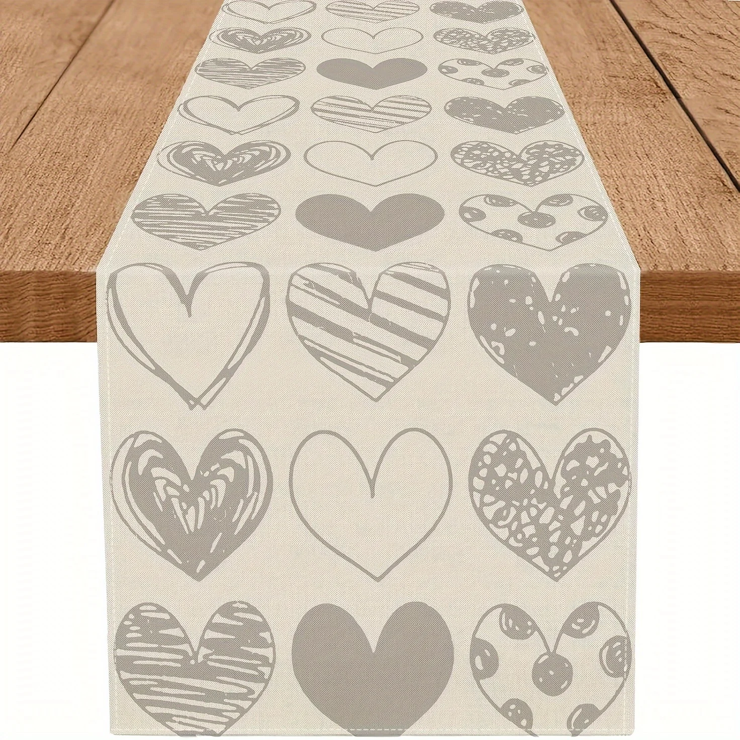 2D Flat Grey Love Heart Pattern Table Runner Rectangular Home Decor for Wedding Anniversary Mother's Day Kitchen Dining Tabletop