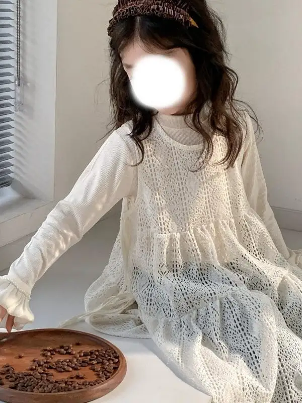 

Spring 2025 Kids' Loose Hollow out Korean Sle Vest Set with Wide Leg Jeans Casual Faionable Girls' Clothing