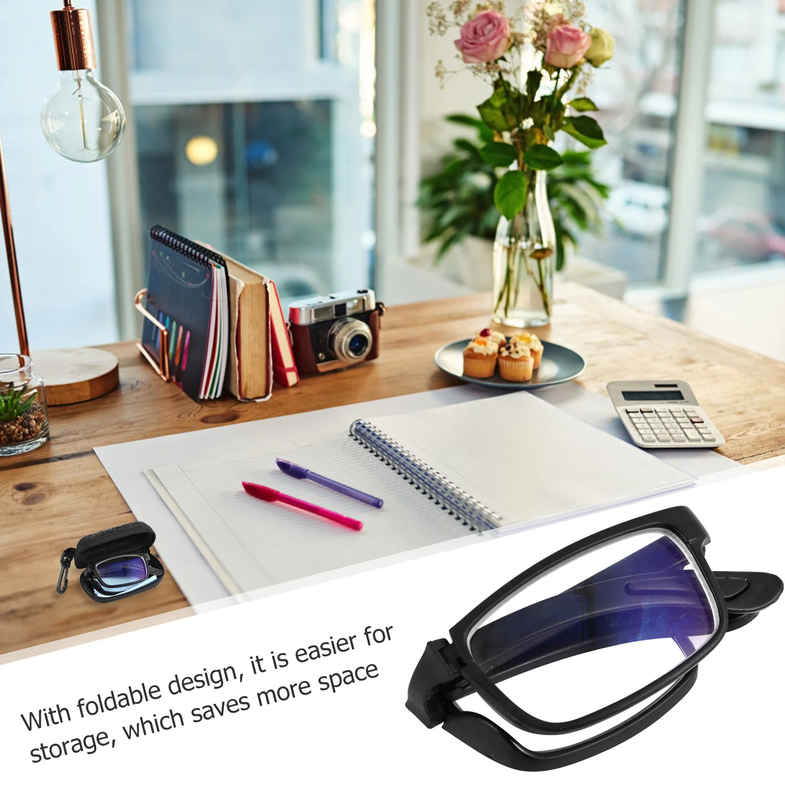

Portable Folding Reading Glasses Black Unisex Compact Lightweight for Reading Sewing Craft Myopia Glasses Case