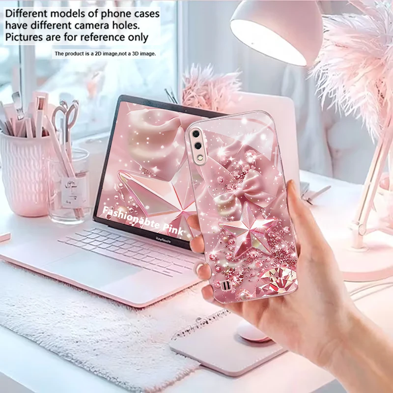Bow Crystal Star Glitter Pink Metallic Glass Phone Case For Samsung A01/A02/A03 Core/A04/A04e/A05/A05s/A07/A70/A71/72 Back Cover view 4