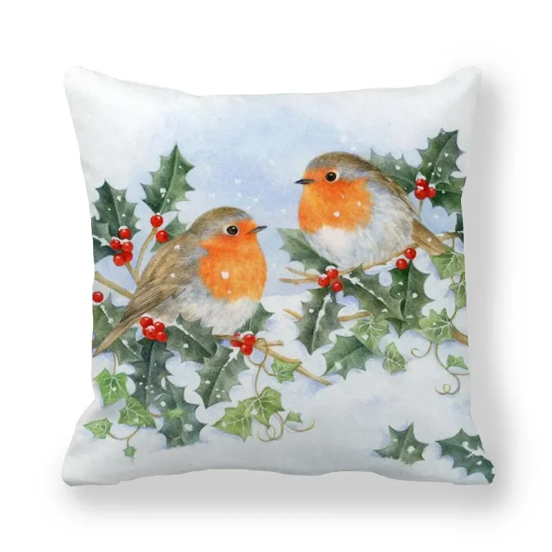 New Christmas Cushion Cover Print Robin Bird Pillow Navidad Gift Pillowcase  Decoration