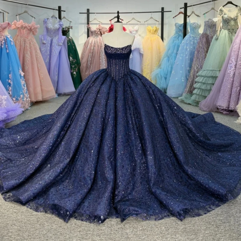 

Navy Blue Shiny Ball Gown Quinceanera Dresses Sequin Applique Lace Beading Crystal Tull Corset Off Shoulder Sweet 16 Dress vesti