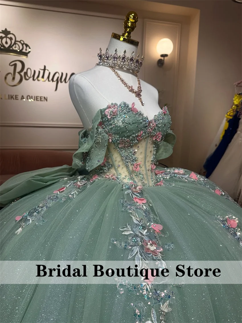 Sage Green Tull Ball Gown Women Pageant Dress Beaded Appliques Quinceanera Dress Glittering Customized Vestidos De Quinceañera