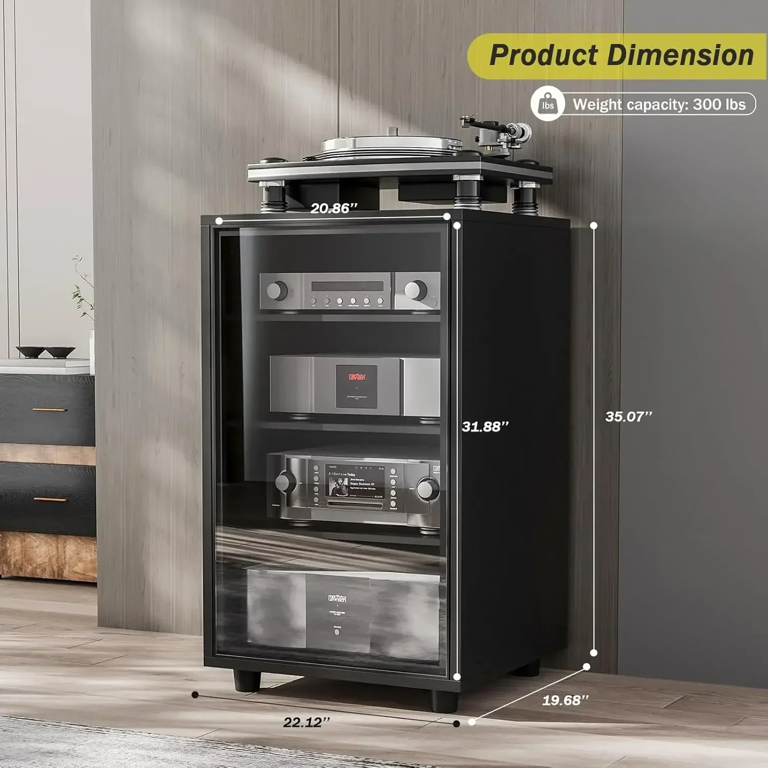 Media Storage Cabinet with Tempered Glass Door, 3 Adjustable Shelves Stereo Cabinet with Cable Management, AV Rack for Living Ro