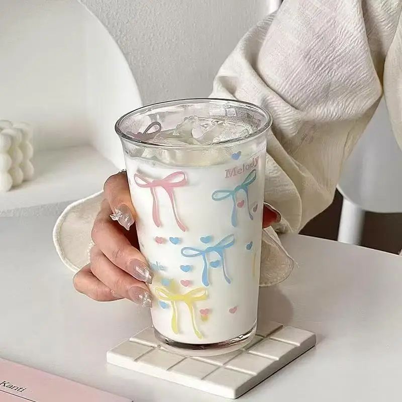 Cartoon Instagram style cute pink bow glass cup, girlish heart cold extract juice cup, milk coffee breakfast cup
