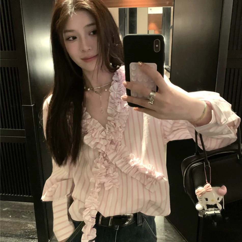 Romantico pigro Sle Fiore 3D impreziosito V-Ne Sciolto a righe irt Coreano Faion Puro cotone Lungo Sve Donna irt