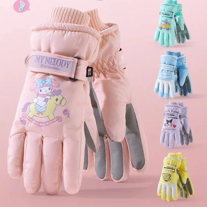 Luvas de esqui Sanrio Kuromi para meninas, luvas de algodão quente, inverno, fofo, cinnamonroll, luxuoso, resistente ao frio, jogando, neve