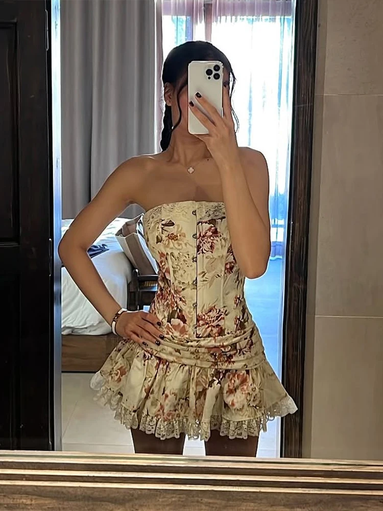 

Weird Puss Flower Print 2-Piece Set Women Y2K Single-Breasted Metal Buckle Wrap Top+Lace Folds Hem Skirt Sweet Matching Suits
