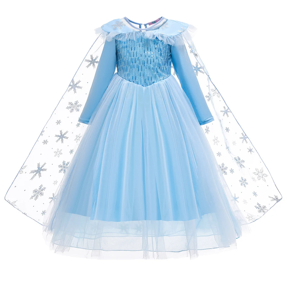 Halloween Elsa Dress For Girls Carnival Cosplay Costume Luxury Fluffy Long Sleeve Princess Frock With Cloak Snowflake Print Gown