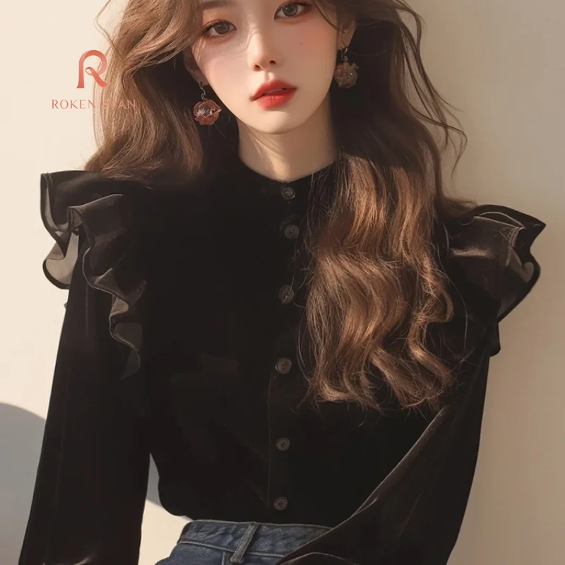 

ROKEN EVAN 2024 Autumn Women Vintage Elegant Shirts ruffled collar Blouse Female Holiday Lace Korean Fashion Clothes New blusas