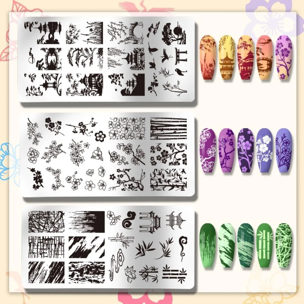 Plantillas clásicas para decoración de uñas de jardín chino, placa de estampado de uñas de estilo antiguo, pabellón, flor de ciruelo, plantillas para decoración de uñas, 3 uds.