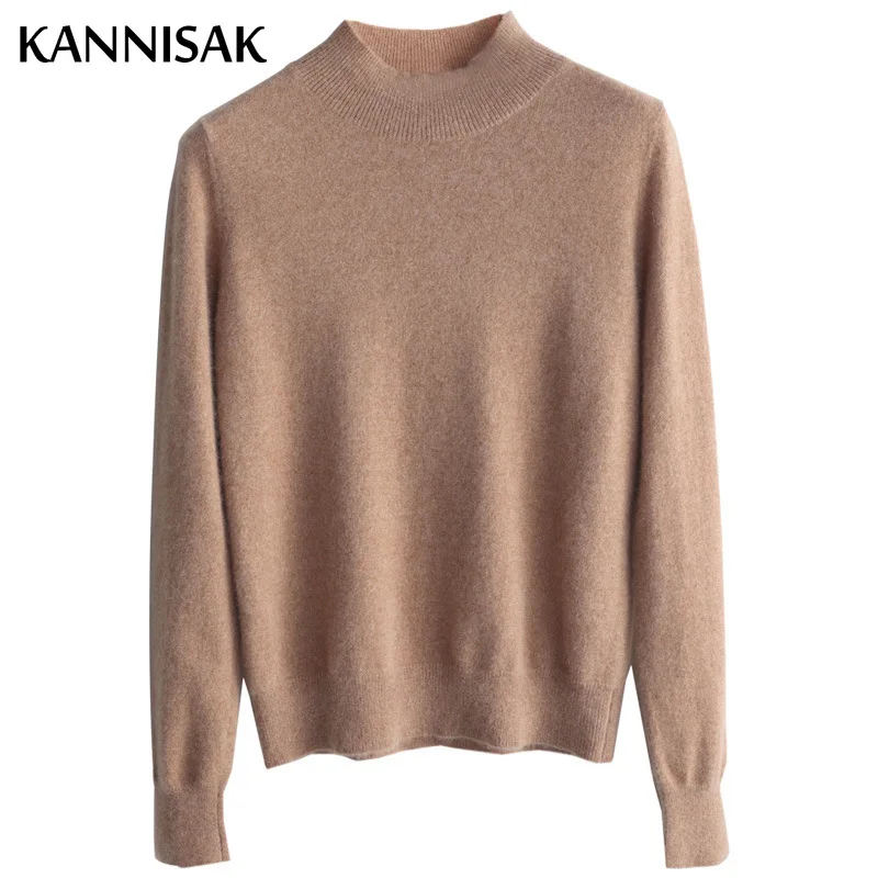 Sweater Women 2024 Autumn Winter Brown Mock Neck Stretch Bottoming Shirt Solid Slim Female Knitted Pullovers Cashmere Sweater