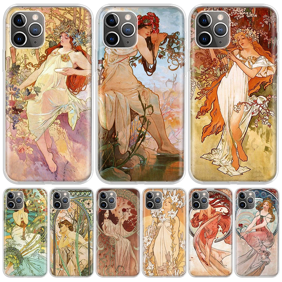 Alfons Mucha Primavera For iPhone 16 15 14 13 12 11 Pro Max Phone Case X XS XR 7 Plus Print 8 SE Apple Fundas Cover Coque 11 15 