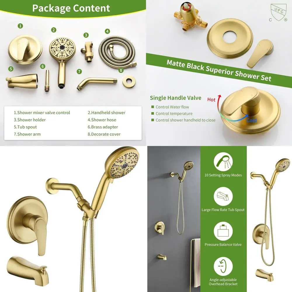 

Brushed Gold Tub Shower Faucet with 10 Handheld Spray, Shower Head, and Tub Spout
