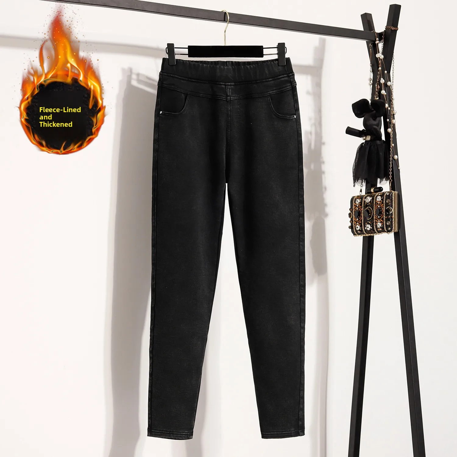 المرأة الشتاء Thiened Fce اصطف مرونة الخصر عالية الخصر السراويل الطويلة بناطيل كاجوال ملابس خارجية دافئة مريحة هارلان P...