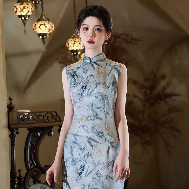 

Summer Bamboo print Literature Art Dress Chinese Lady Modern Improved Leisure Qipao Sexy Sleeveless Waist Cinching Slit Qipao