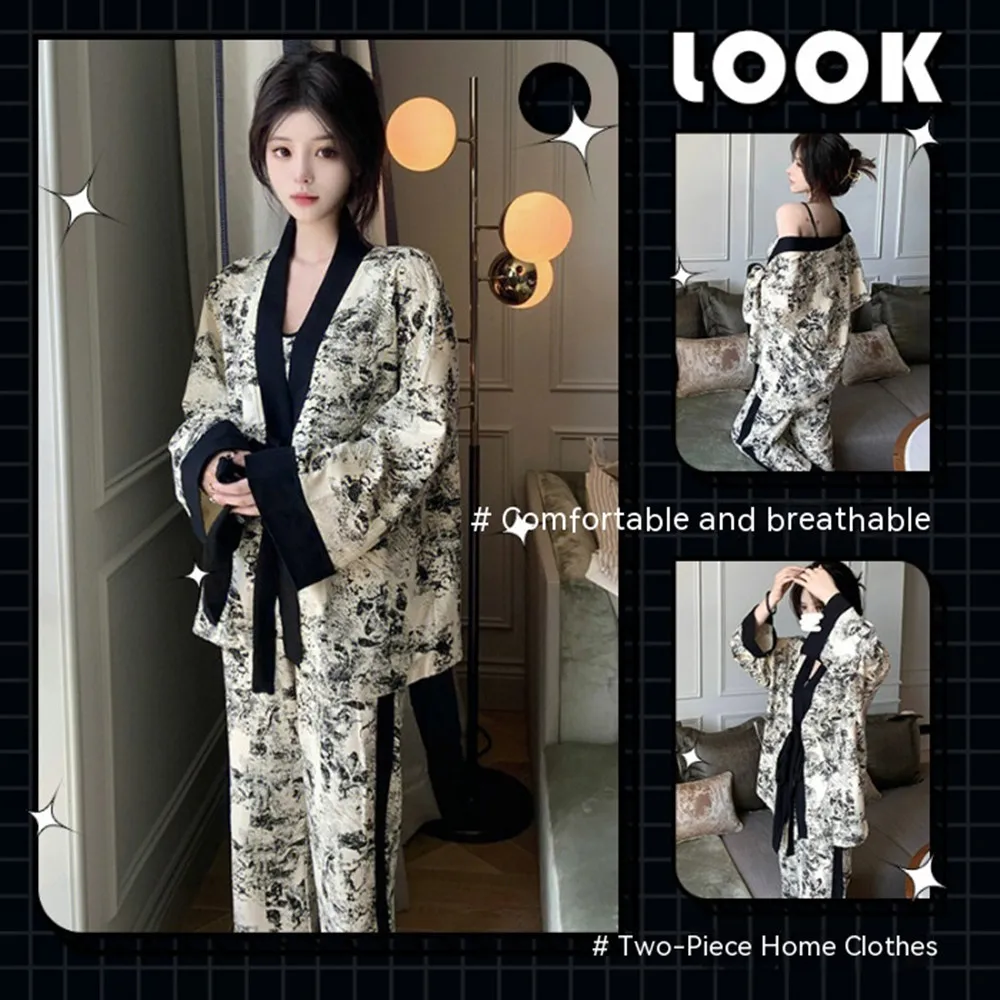 Three-Piece Set Ink Style Printed Pajamas Female Internet Celebrities Summer andAutumn Cardigans New Ice Silk Suspender Birthday