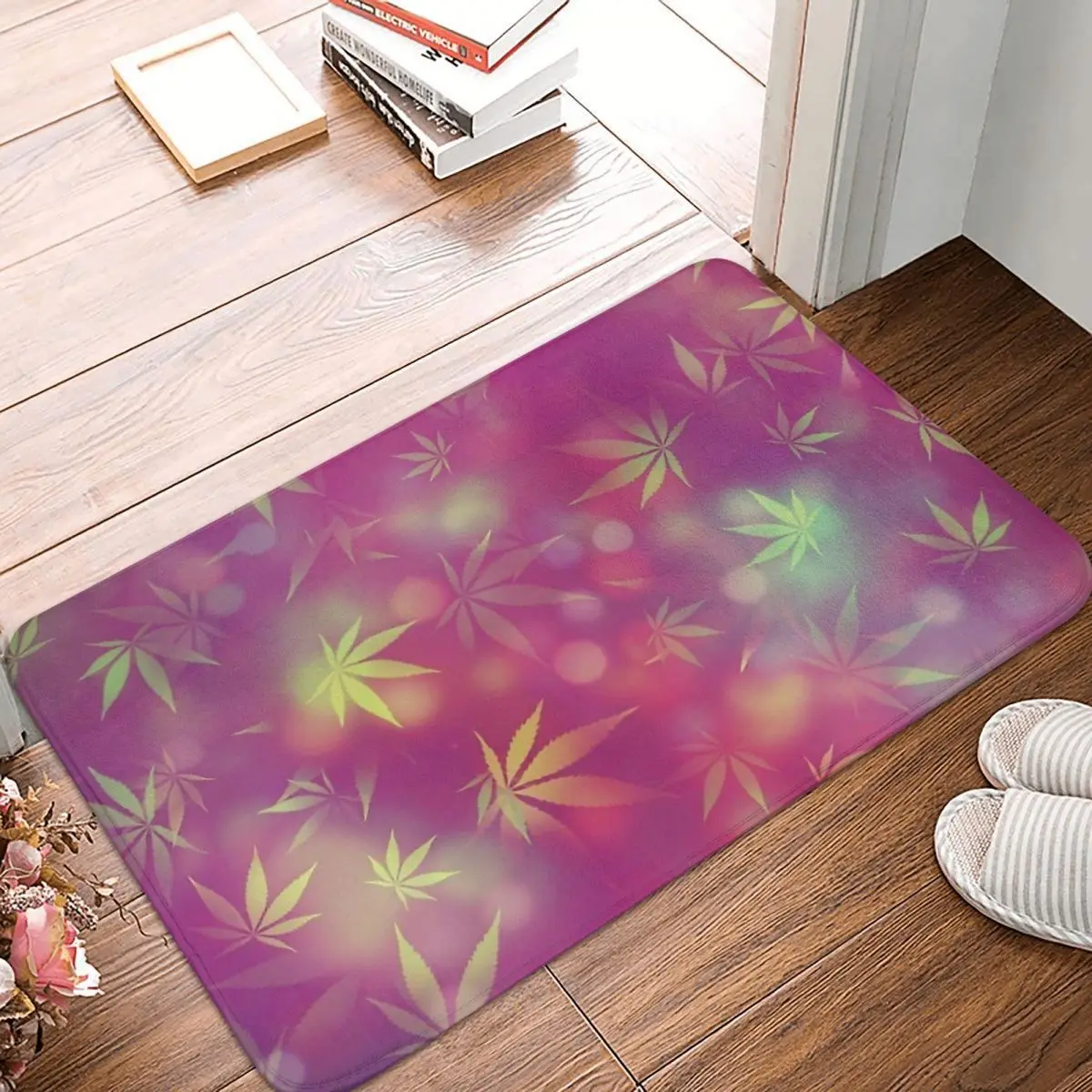 Weed Leaf Non-slip Doormat Maroon Gold BOKEH Pattern Plant DESIGN Bath Bedroom Mat Outdoor Carpet Home Modern Decor