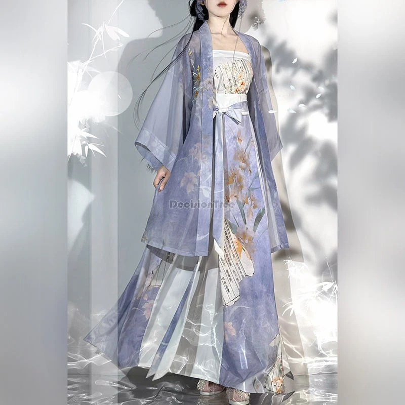 2024 chinese imporved printed women fairy Hanfu halter long coat pleated skirt national style daily summer style hanfu set w668