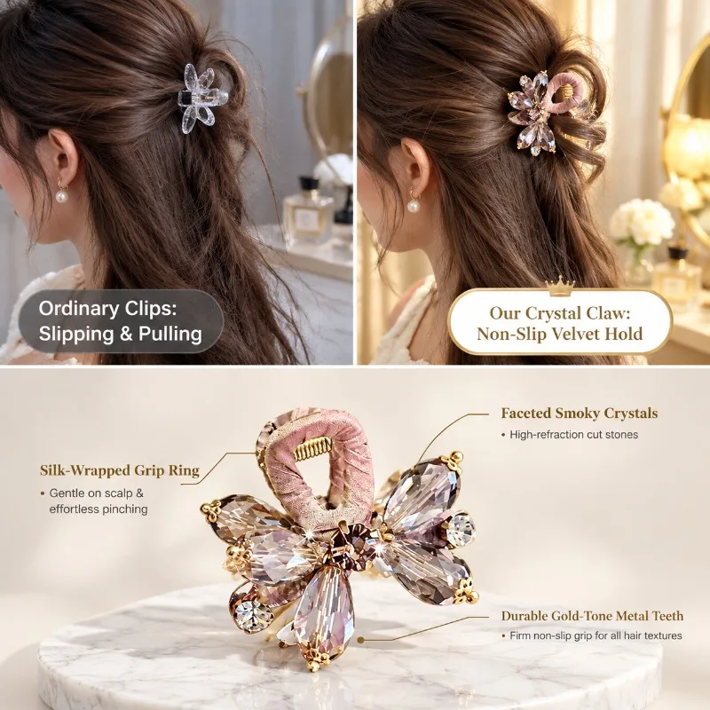 Vintage Crystal Flower Hair Claw Clip for Women Elegant Brown Rhinestone Shark Clips Ponytail Holder Luxury Hair