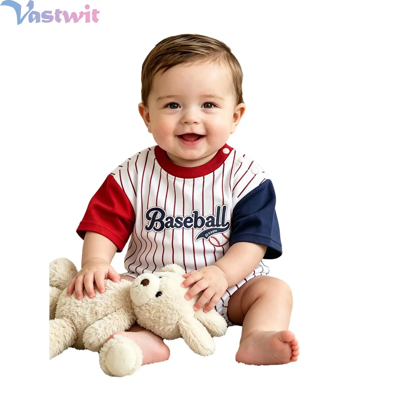 Toddler Baby Boys Girls Baseball Romper Color-blocked Short Sleeve Press Buttons Shoulder Crotch Letter Print Striped Bodysuit